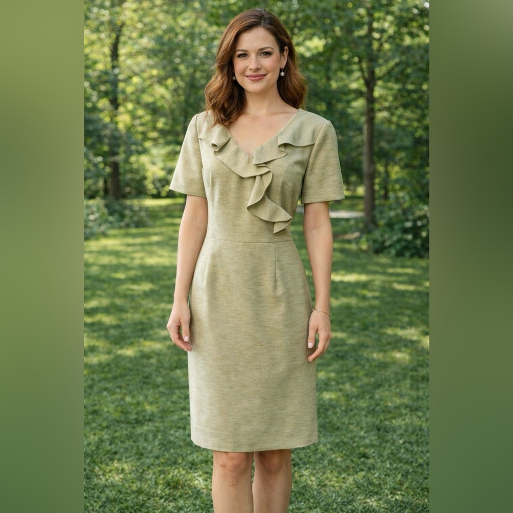 Tahari Levine Dress 12 Short Sleeve Oatmeal Brown Career Church Sheath Ruffle